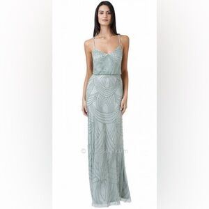 NWT: Adrianna Papell Blouson Criss-Cross Beaded Formal Gown in Mist, Size 10